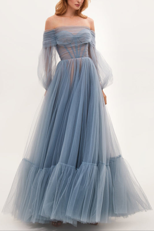 Ocean Wave Sheer Sleeves Maxi Tulle Dress