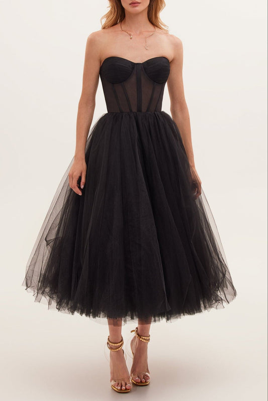 Black Strapless Puffy Midi Tulle Dress