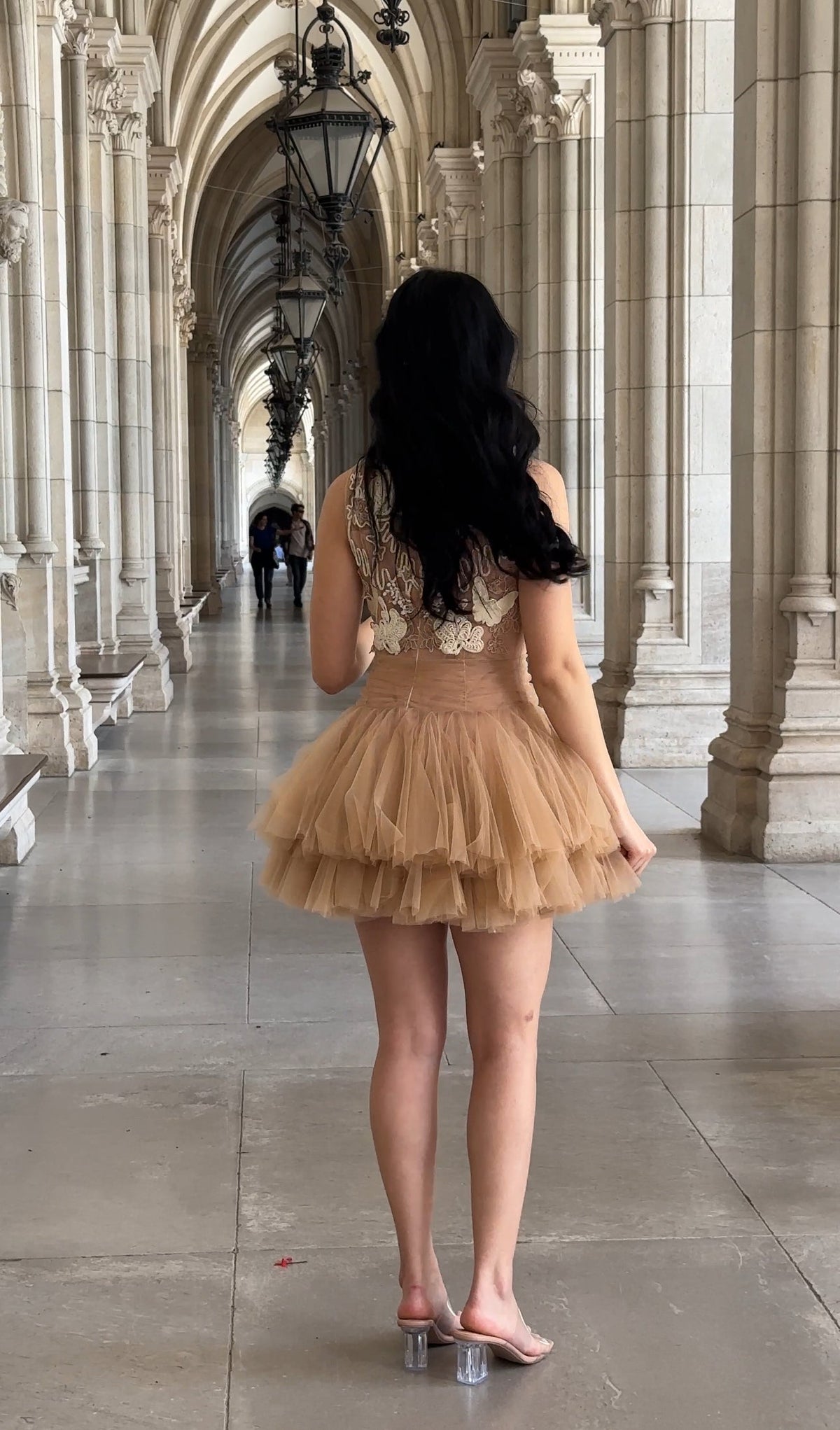 Ballerina |  Beige Tulle Mini Dress with 3D Applique