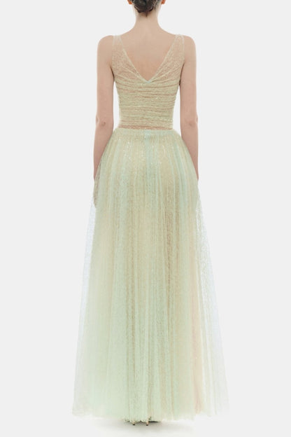 monica mint draped tulle fishbone maxi dress