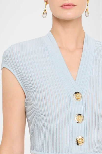 Short-Sleeve Flechage Knit Flare Mini Dress in blue