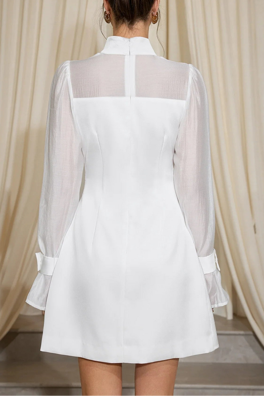 sabrina High Neck Mesh Patchwork Mini Dress in white