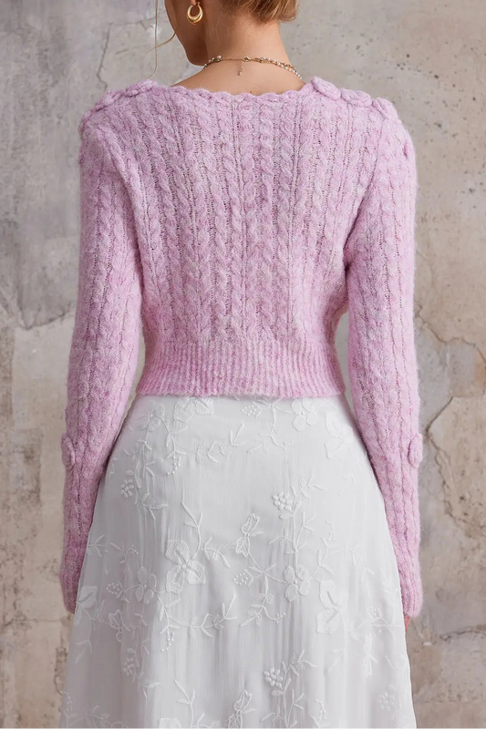 anna Pink 3d flower V-neck sweater