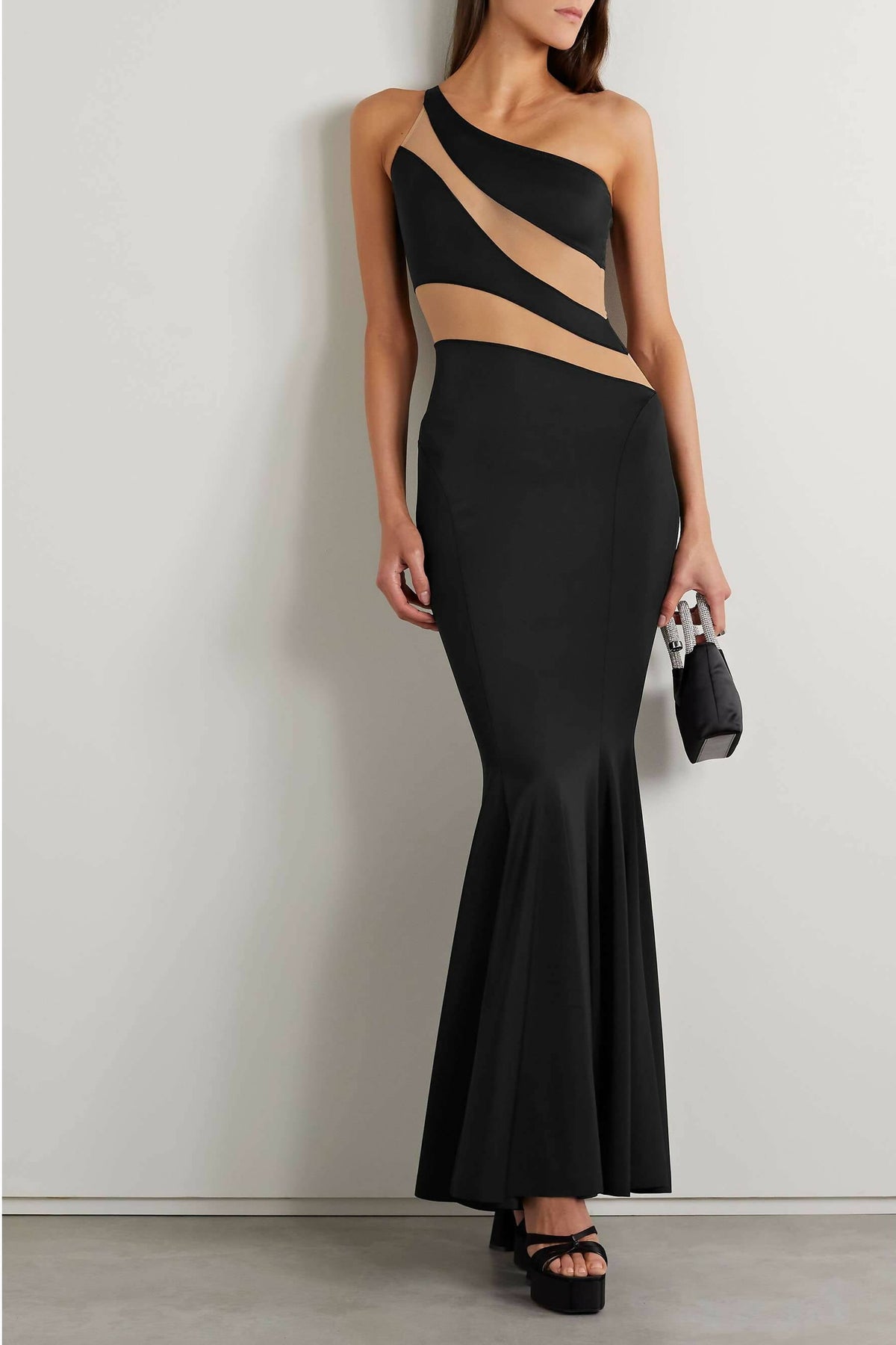 Snake One-Shoulder Mesh-Paneled Stretch-Jersey Gown