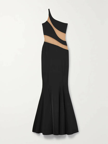 Snake One-Shoulder Mesh-Paneled Stretch-Jersey Gown