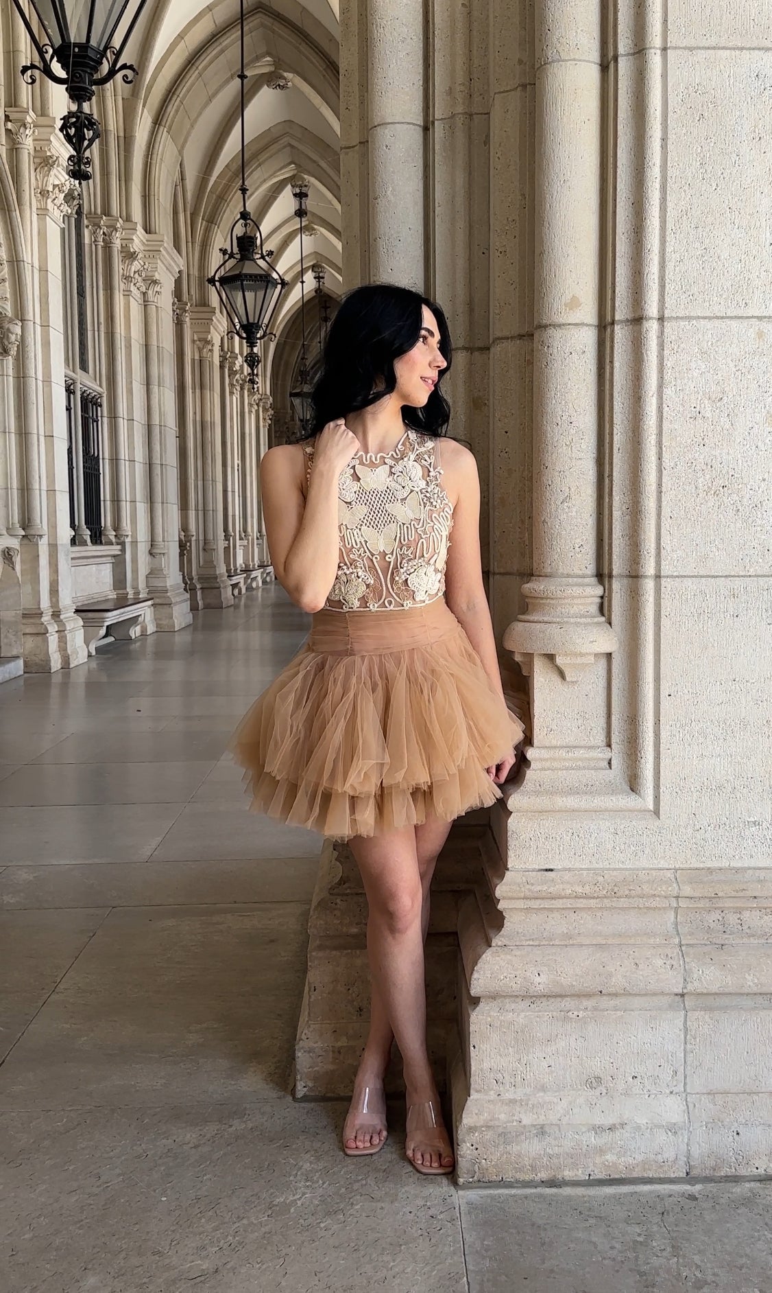 Ballerina |  Beige Tulle Mini Dress with 3D Applique