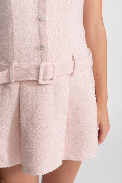 zenobia Crystal Embellished Tweed Mini Dress With Belt – Blush
