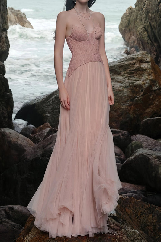 tiffany Lace Corset Tulle Maxi Dress – Blush