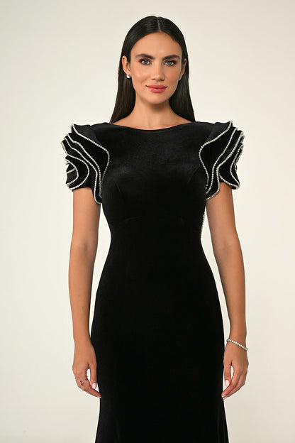 jessie Ruffle sleeves open back maxi dress in black