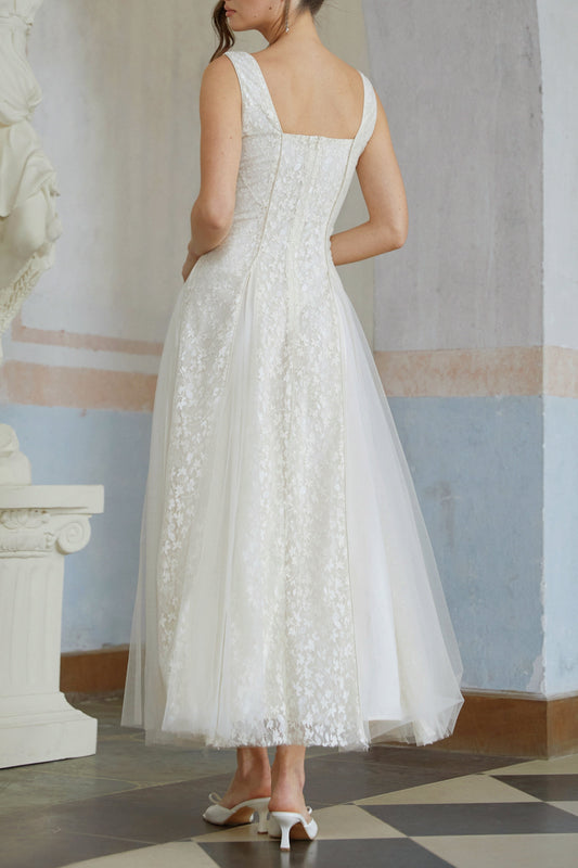 jessica Neutral Tulle Panel Lace Maxi Dress in white