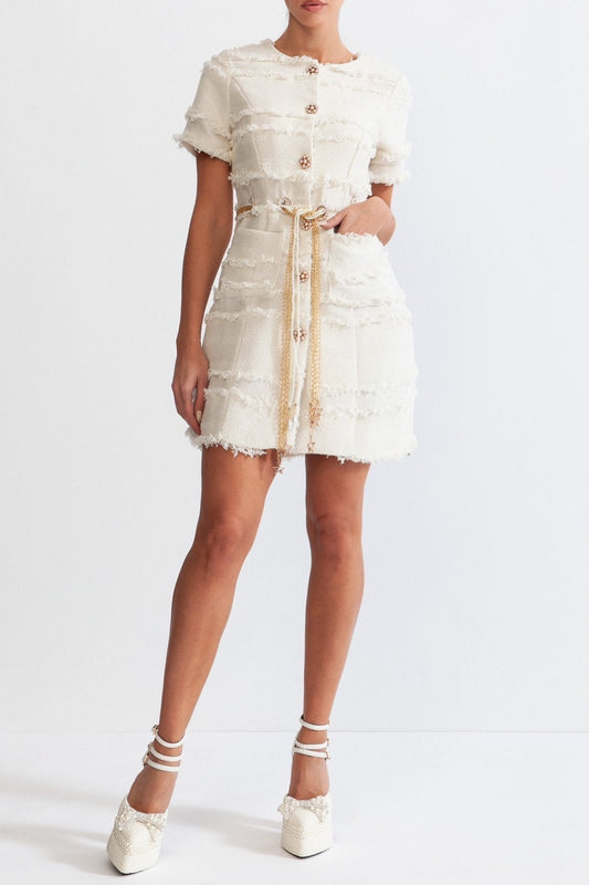 marguerite Pearl Chain Tweed mini Dress - Beige