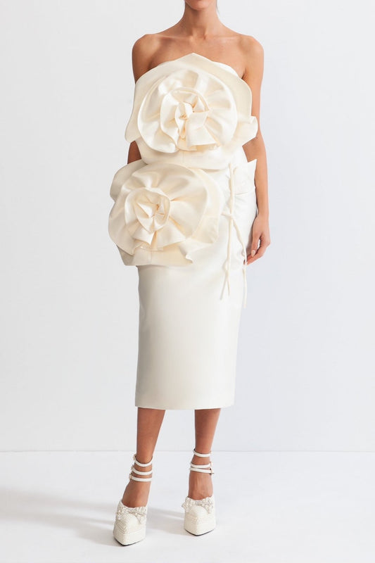 3D Voluminous Flower Design Midi Dress - Ivoire