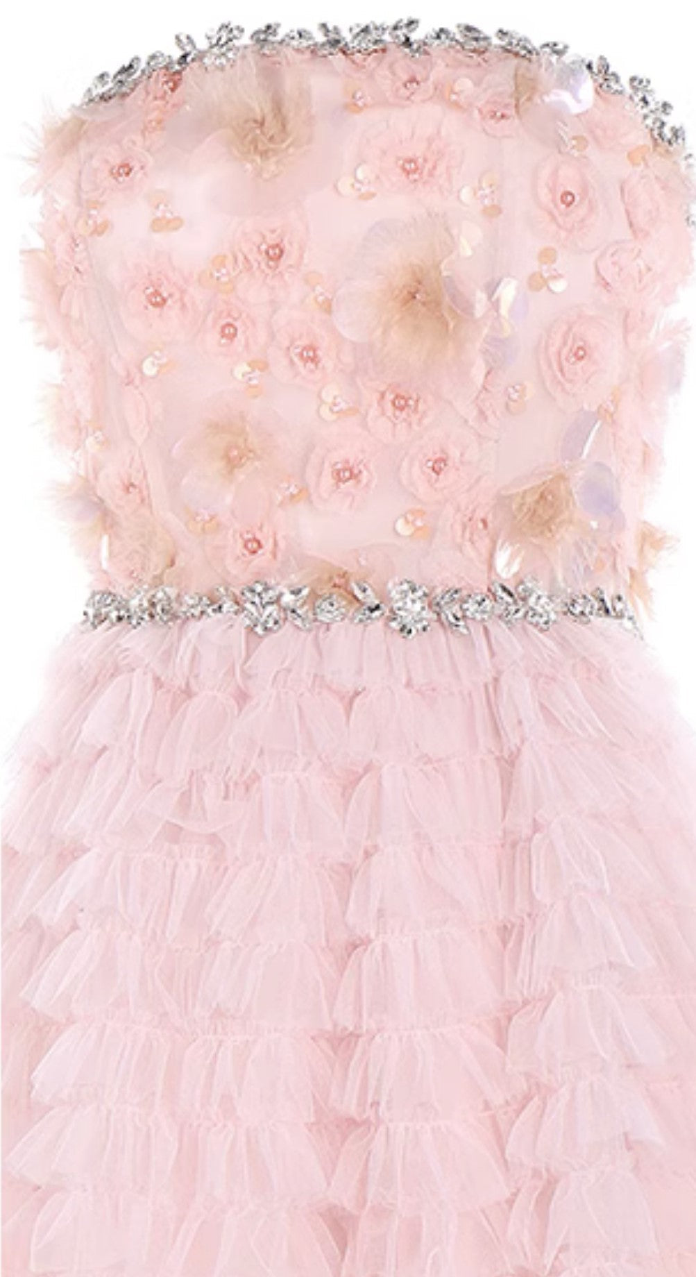 Pink Princess layer ruffle midi floral Embroidery strapless Dress