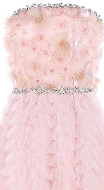 Pink Princess layer ruffle midi floral Embroidery strapless Dress