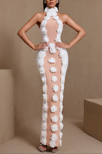 jennifer white Halter Neck 3D Flowers Bandage Maxi Dress