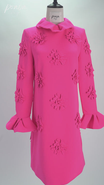 LORELAI PINK JACQUARD FLORAL LONG SLEEVE MINI DRESS