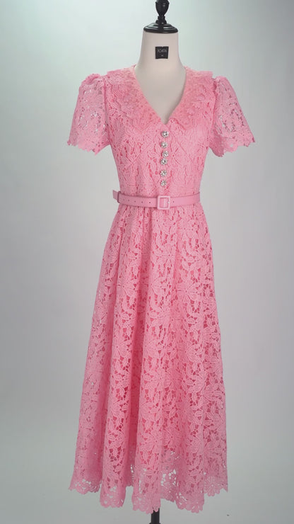 Lace floral midi dress in pink