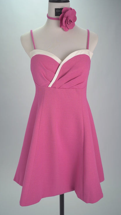 STRAP MINI DRESS WITH ROSE IN HOT PINK