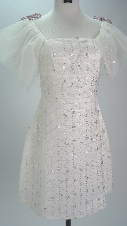 Sequin bow mini dress in white