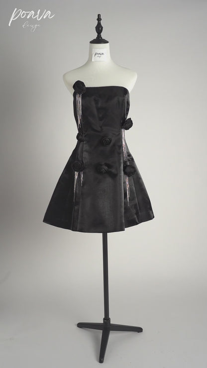 Satin Flower Ornament Mini Dress In Black