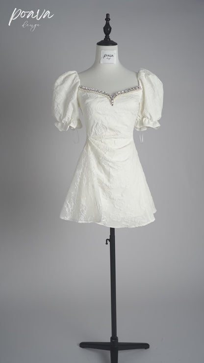 White embellished puff sleeve mini dress