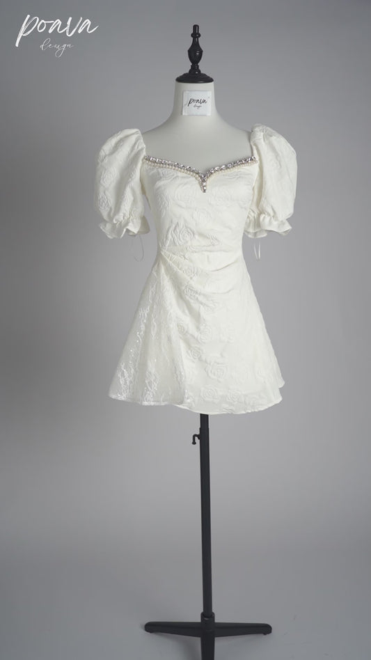 White embellished puff sleeve mini dress