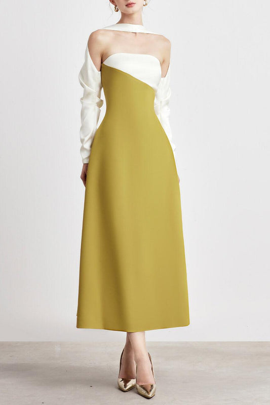 A-LINE LONG SLEEVED SILK TAFFETA MIDI DRESS