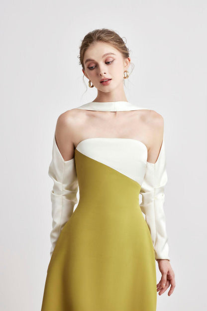 A-LINE LONG SLEEVED SILK TAFFETA MIDI DRESS