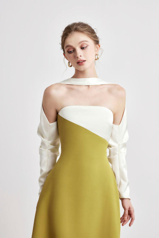 A-LINE LONG SLEEVED SILK TAFFETA MIDI DRESS