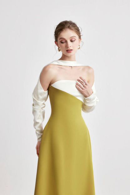 A-LINE LONG SLEEVED SILK TAFFETA MIDI DRESS