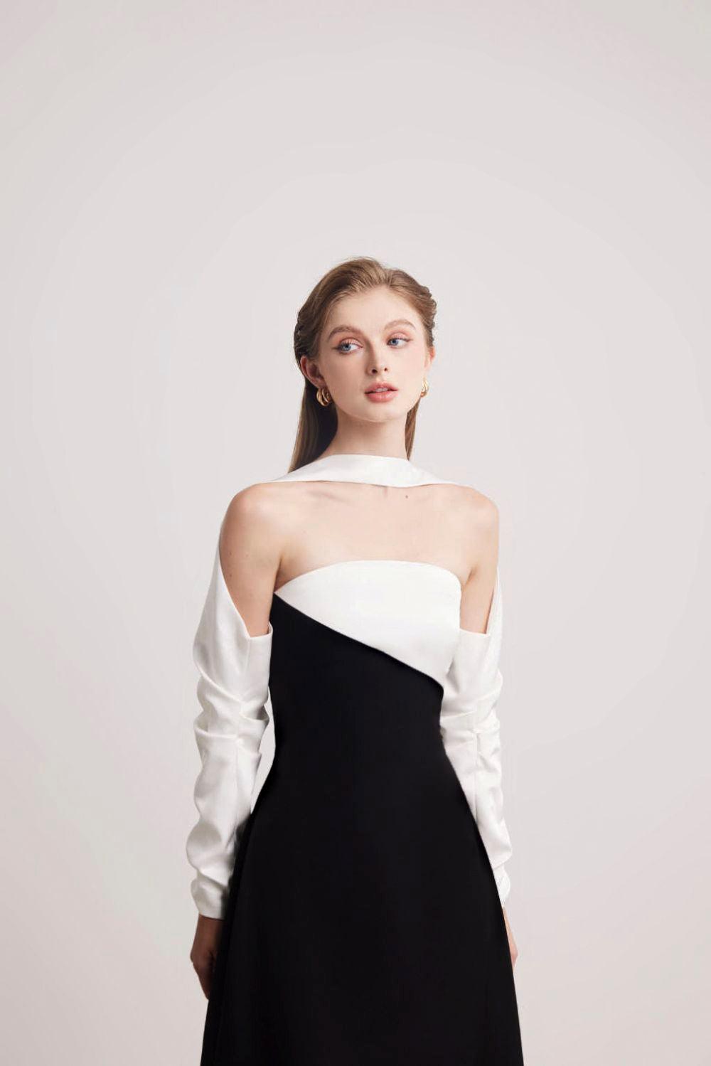 A-LINE LONG SLEEVED SILK TAFFETA MIDI DRESS
