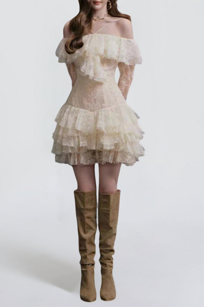 Elisha Off Shoulder Lace Ruffle Mini Dress