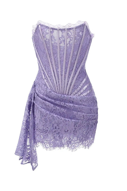 Purple Lace Corset Strapless Draped Mini Dress