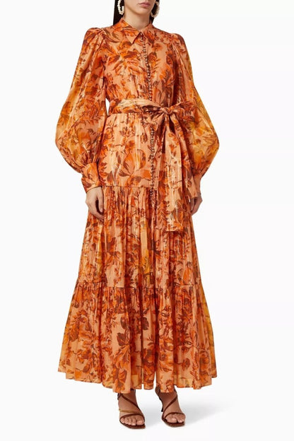 kelly Printed Balloon Sleeve Maxi Dress in brown