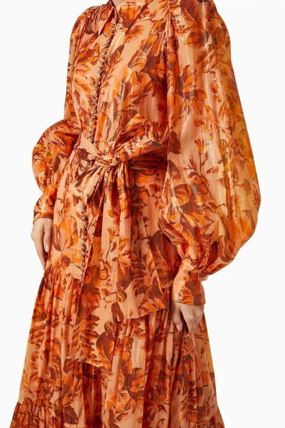 kelly Printed Balloon Sleeve Maxi Dress in brown