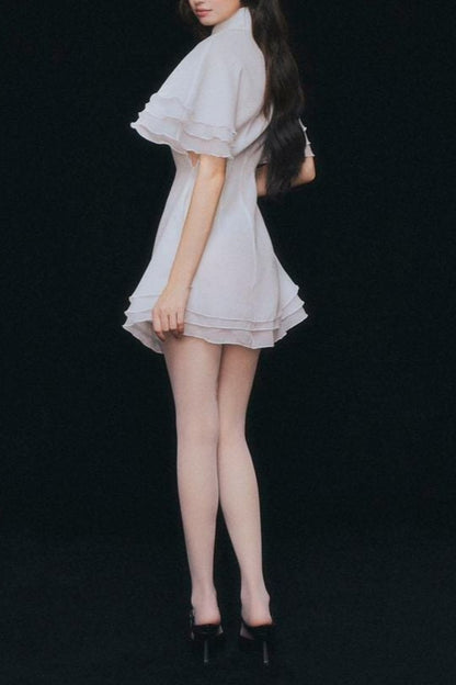layer trim chiffon shirt mini dress in white