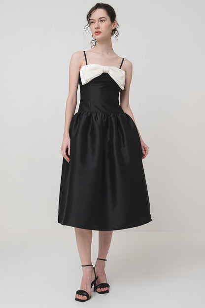 Bow-Detail Taffeta Midi Dress in black
