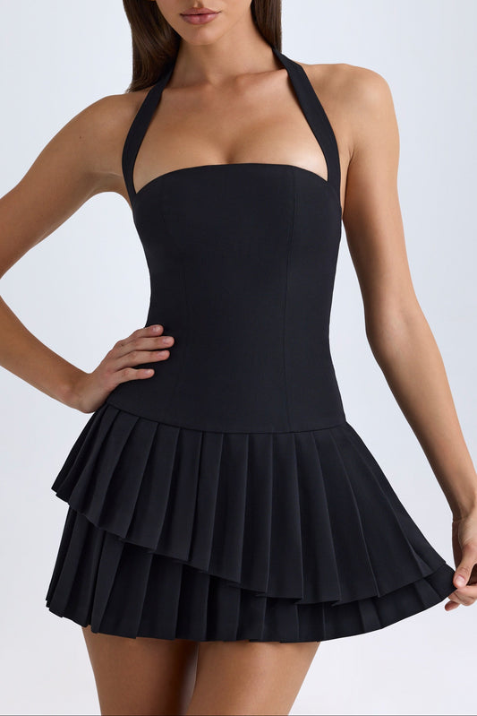 Asymmetric Layered Halterneck Mini Dress in Black