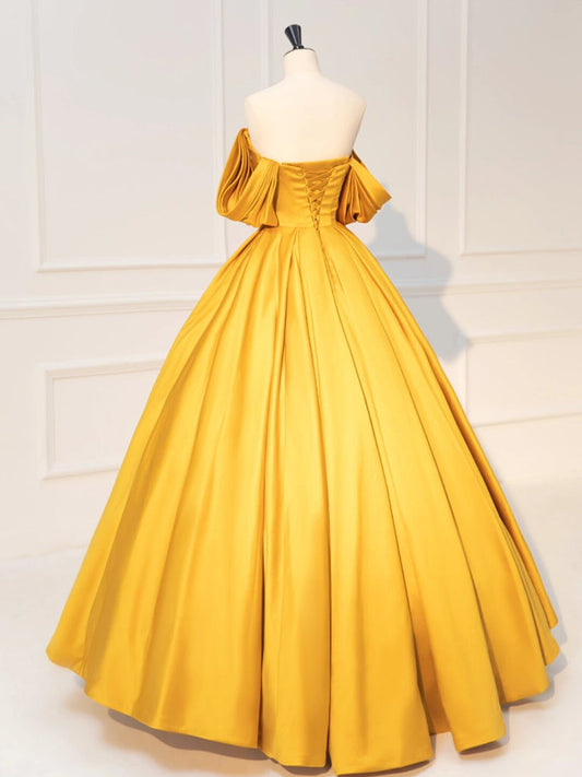 Yellow Off Shoulder Satin Prom Dress