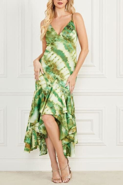 marciano waterfall printed satin midi dress in green