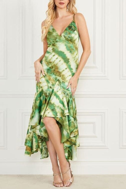 marciano waterfall printed satin midi dress in green
