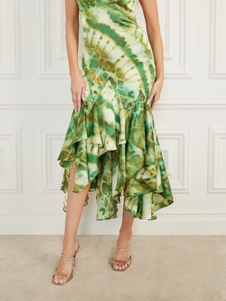 marciano waterfall printed satin midi dress in green