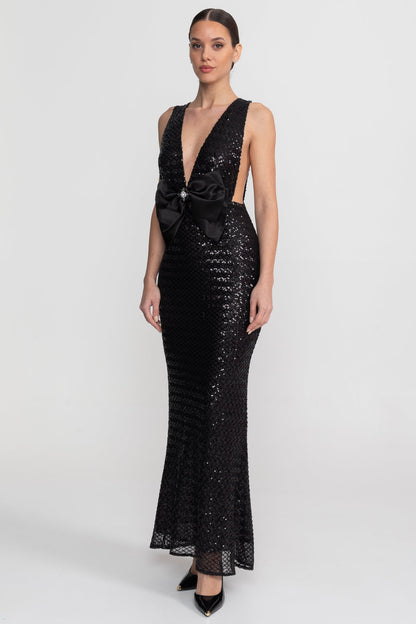 Sequin Maxi Dress With Satin Bow Detail - Black
