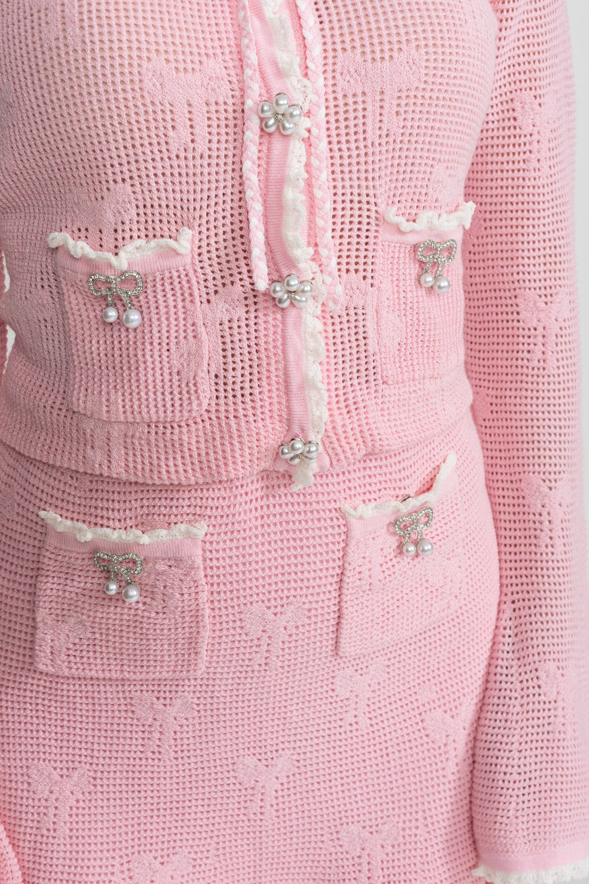 joanna Knit Co-ord Set With Pearl & Bow Detailing – Pink