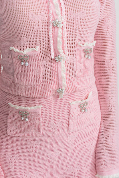 joanna Knit Co-ord Set With Pearl & Bow Detailing – Pink
