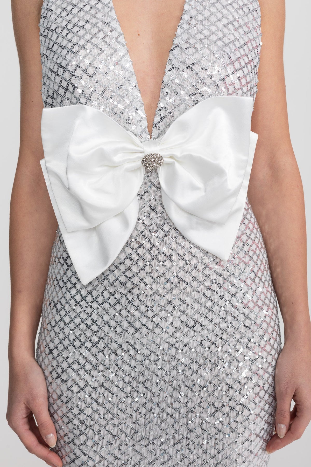 Sequin Maxi Dress With Satin Bow Detail - Light Grey