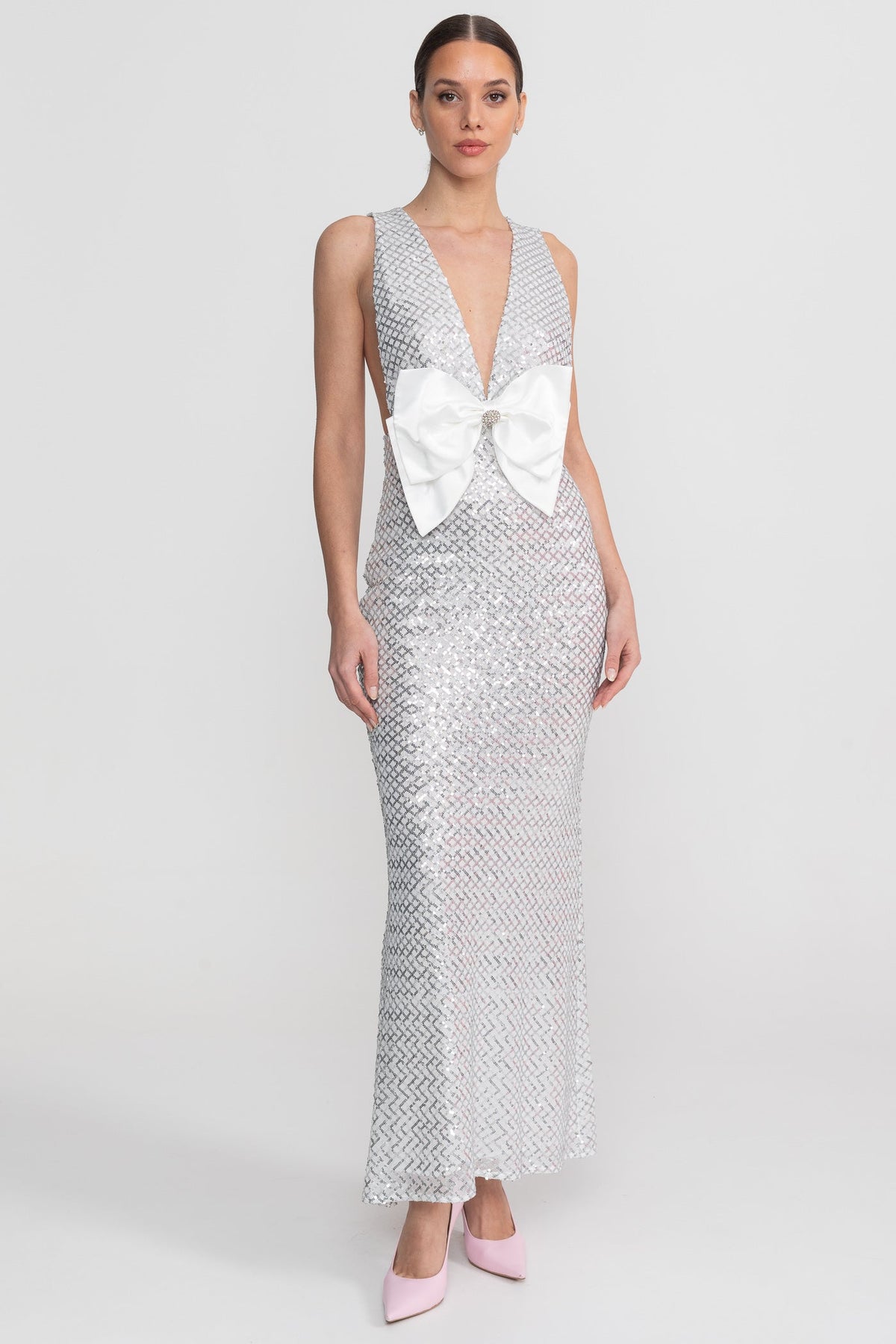 Sequin Maxi Dress With Satin Bow Detail - Light Grey