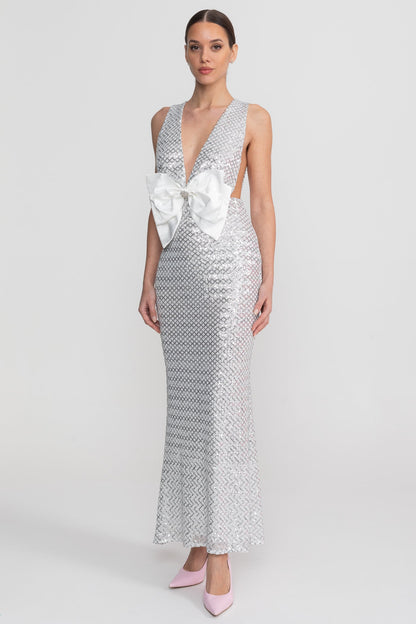 Sequin Maxi Dress With Satin Bow Detail - Light Grey