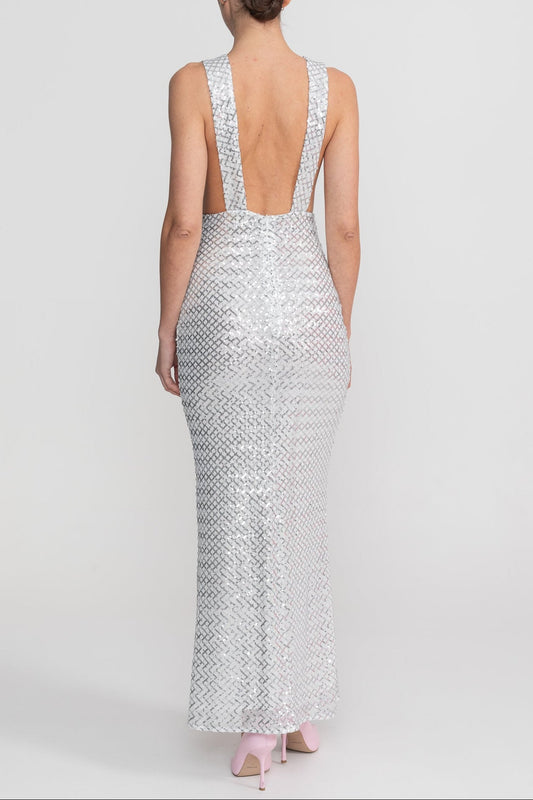 Sequin Maxi Dress With Satin Bow Detail - Light Grey