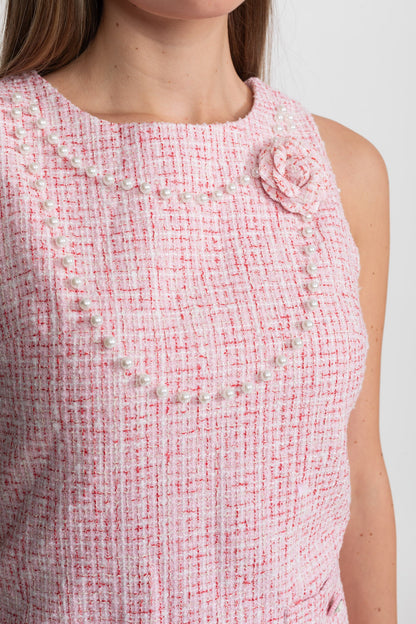 laurel Pink flower Sleeveless Tweed Mini Dress With Pearl Trim